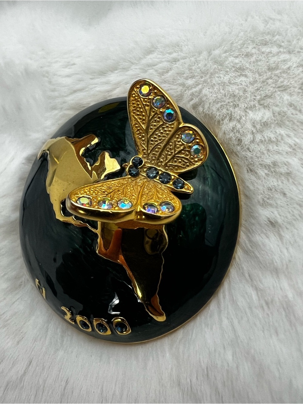 Limited Edition Green Enamel and Gold Tone Globe and Butterfly Brooch